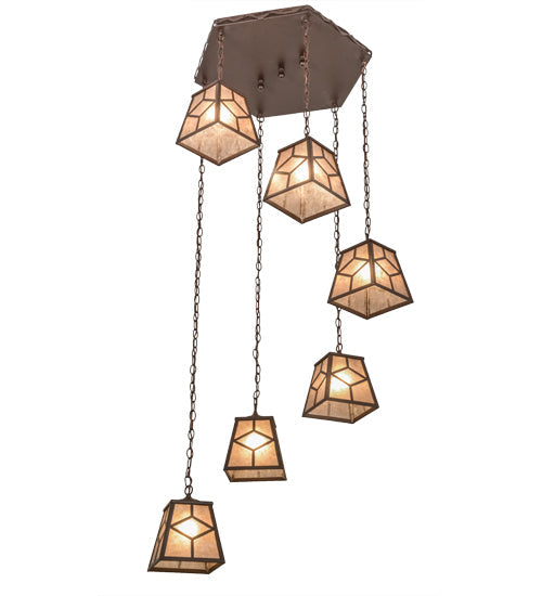 Meyda Lighting Diamond Craftsman 32" 6-Light Cafe Noir Cascading Pendant Light With Silver Mica Shade Glass