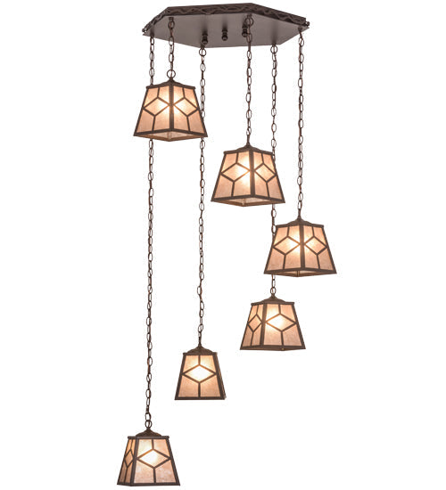 Meyda Lighting Diamond Craftsman 32" 6-Light Cafe Noir Cascading Pendant Light With Silver Mica Shade Glass