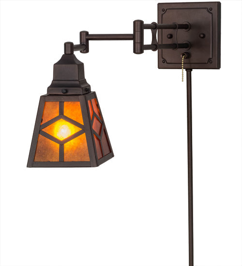 Meyda Lighting Diamond Craftsman 5-13" Mahogany Bronze Adjustable Swing Arm Wall Sconce With Amber Mica Shade Glass