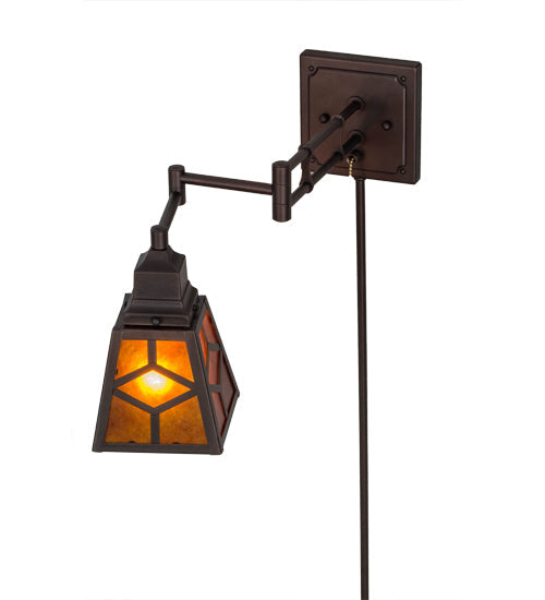 Meyda Lighting Diamond Craftsman 5-13" Mahogany Bronze Adjustable Swing Arm Wall Sconce With Amber Mica Shade Glass