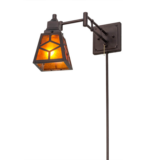 Meyda Lighting Diamond Craftsman 5-13" Mahogany Bronze Adjustable Swing Arm Wall Sconce With Amber Mica Shade Glass
