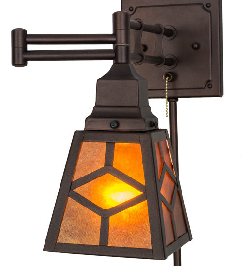 Meyda Lighting Diamond Craftsman 5-13" Mahogany Bronze Adjustable Swing Arm Wall Sconce With Amber Mica Shade Glass