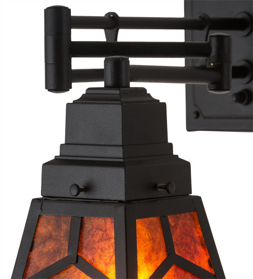 Meyda Lighting Diamond Craftsman 5-14" Textured Black Swing Arm Wall Sconce With Amber Mica Shade Glass