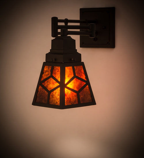 Meyda Lighting Diamond Craftsman 5-14" Textured Black Swing Arm Wall Sconce With Amber Mica Shade Glass