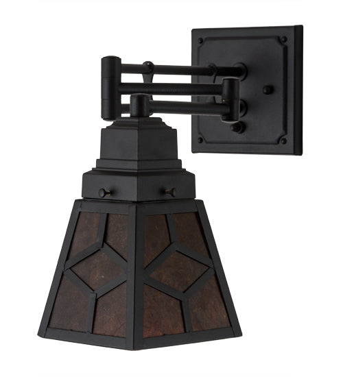 Meyda Lighting Diamond Craftsman 5-14" Textured Black Swing Arm Wall Sconce With Amber Mica Shade Glass