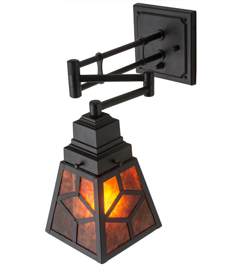 Meyda Lighting Diamond Craftsman 5-14" Textured Black Swing Arm Wall Sconce With Amber Mica Shade Glass