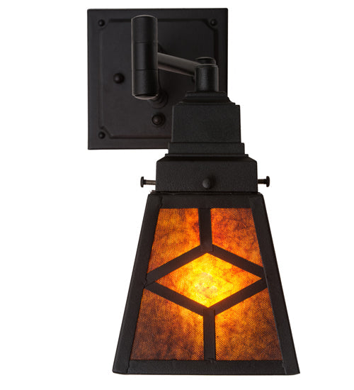 Meyda Lighting Diamond Craftsman 5-14" Textured Black Swing Arm Wall Sconce With Amber Mica Shade Glass