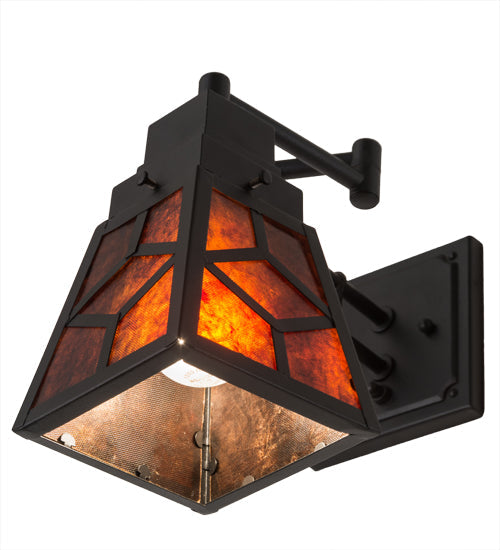 Meyda Lighting Diamond Craftsman 5-14" Textured Black Swing Arm Wall Sconce With Amber Mica Shade Glass