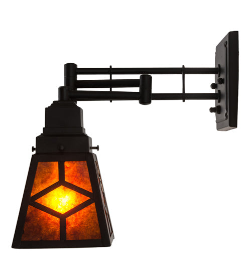 Meyda Lighting Diamond Craftsman 5-14" Textured Black Swing Arm Wall Sconce With Amber Mica Shade Glass