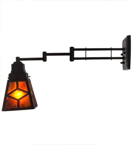 Meyda Lighting Diamond Craftsman 5-14" Textured Black Swing Arm Wall Sconce With Amber Mica Shade Glass