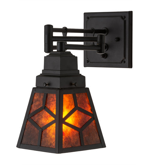 Meyda Lighting Diamond Craftsman 5-14" Textured Black Swing Arm Wall Sconce With Amber Mica Shade Glass