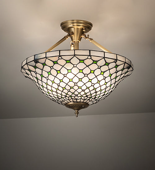 Meyda Lighting Diamond & Jewel 18" 4-Light Brushed Brass Semi-flush Mount Light With Clear & Green Shade Glass