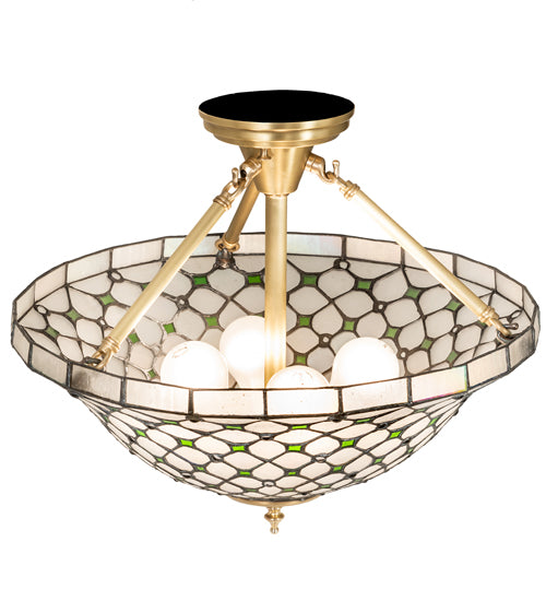 Meyda Lighting Diamond & Jewel 18" 4-Light Brushed Brass Semi-flush Mount Light With Clear & Green Shade Glass