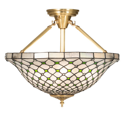 Meyda Lighting Diamond & Jewel 18" 4-Light Brushed Brass Semi-flush Mount Light With Clear & Green Shade Glass