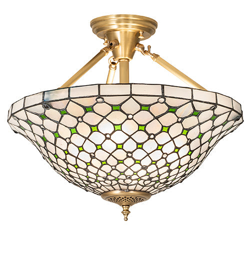 Meyda Lighting Diamond & Jewel 18" 4-Light Brushed Brass Semi-flush Mount Light With Clear & Green Shade Glass