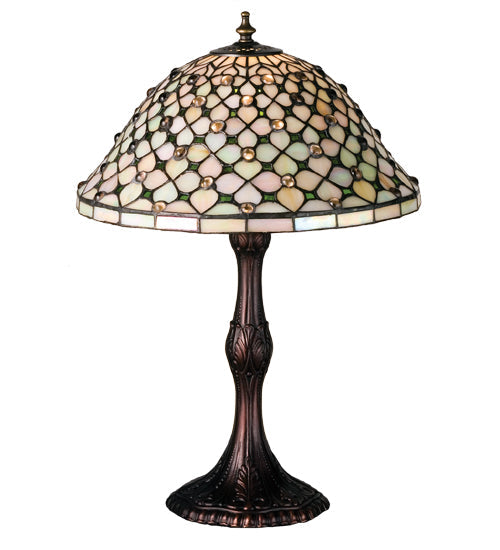 Meyda Lighting Diamond & Jewel 21" Mahogany Bronze Table Lamp With Green & Beige Iridescent Stained Shade Glass
