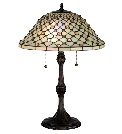 Meyda Lighting Diamond & Jewel 25" 2-Light Mahogany Bronze Table Lamp With Green & Beige Iridescent Shade Glass