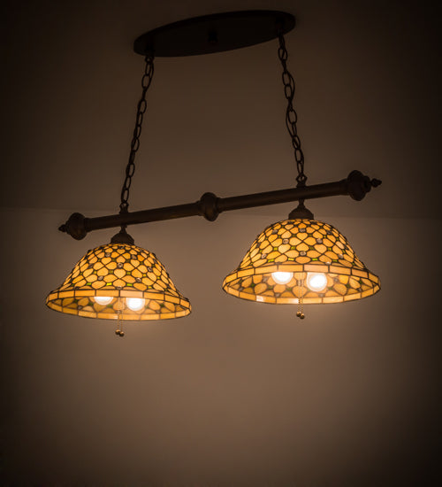Meyda Lighting Diamond & Jewel 36" 4-Light Mahogany Bronze Island Pendant Light With Green & Beige Iridescent Shade Glass