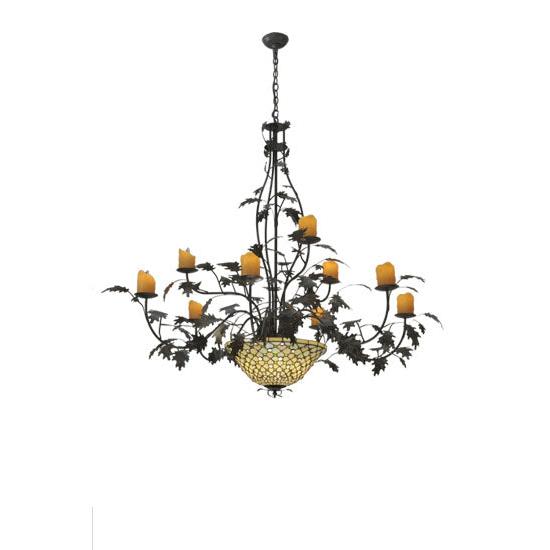 Meyda Lighting Diamond & Jewel 63" 12-Light 9-Arm Timeless Bronze Oak Leaf Chandelier With Amber Shade