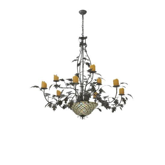 Meyda Lighting Diamond & Jewel 63" 12-Light 9-Arm Timeless Bronze Oak Leaf Chandelier With Amber Shade