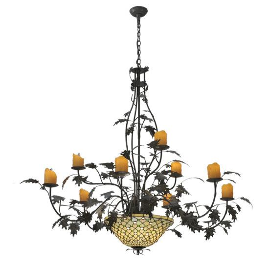 Meyda Lighting Diamond & Jewel 63" 12-Light 9-Arm Timeless Bronze Oak Leaf Chandelier With Amber Shade