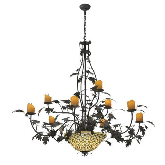 Meyda Lighting Diamond & Jewel 63" 12-Light 9-Arm Timeless Bronze Oak Leaf Chandelier With Amber Shade