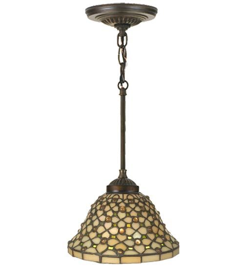 Meyda Lighting Diamond & Jewel 8" Mahogany Bronze Mini Pendant Light With Beige Iridescent Shade Glass