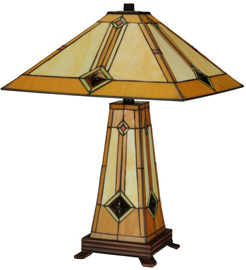 Meyda Lighting Diamond Mission 23" 3-Light Mahogany Bronze Table Lamp With Multi-Colored Shade Glass and Lighted Base