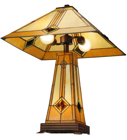 Meyda Lighting Diamond Mission 23" 3-Light Mahogany Bronze Table Lamp With Multi-Colored Shade Glass and Lighted Base