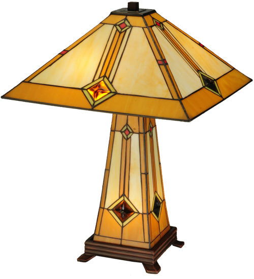 Meyda Lighting Diamond Mission 23" 3-Light Mahogany Bronze Table Lamp With Multi-Colored Shade Glass and Lighted Base