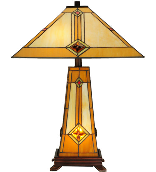 Meyda Lighting Diamond Mission 23" 3-Light Mahogany Bronze Table Lamp With Multi-Colored Shade Glass and Lighted Base