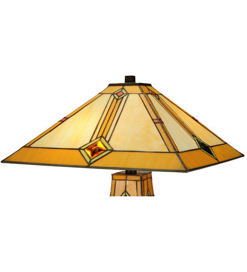 Meyda Lighting Diamond Mission 23" 3-Light Mahogany Bronze Table Lamp With Multi-Colored Shade Glass and Lighted Base