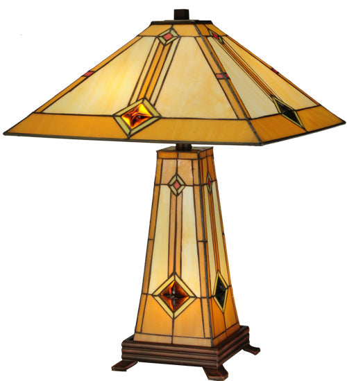 Meyda Lighting Diamond Mission 23" 3-Light Mahogany Bronze Table Lamp With Multi-Colored Shade Glass and Lighted Base
