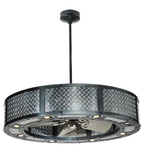 Meyda Lighting Diamond Turbine 44" 8-Light Black Chrome Chandelier With Chrome Diamondplate Shade and Silver Fan