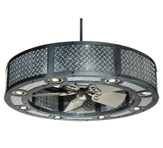 Meyda Lighting Diamond Turbine 44" 8-Light Black Chrome Chandelier With Chrome Diamondplate Shade and Silver Fan