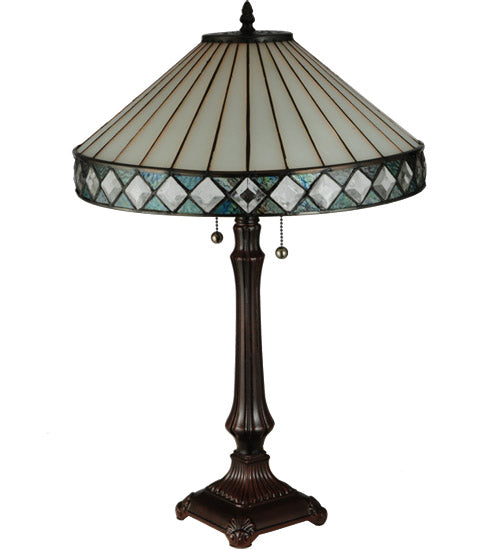 Meyda Lighting Diamondring 25" 2-Light Mahogany Bronze Table Lamp With White and Verigated Blue Shade Glass