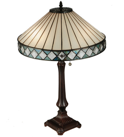 Meyda Lighting Diamondring 25" 2-Light Mahogany Bronze Table Lamp With White and Verigated Blue Shade Glass