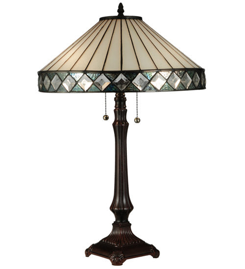 Meyda Lighting Diamondring 25" 2-Light Mahogany Bronze Table Lamp With White and Verigated Blue Shade Glass