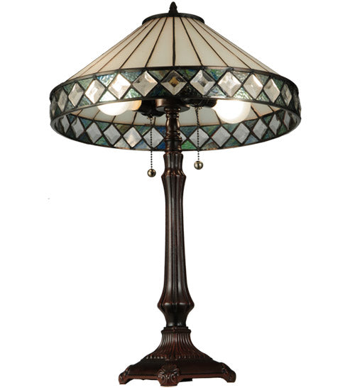 Meyda Lighting Diamondring 25" 2-Light Mahogany Bronze Table Lamp With White and Verigated Blue Shade Glass