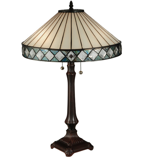 Meyda Lighting Diamondring 25" 2-Light Mahogany Bronze Table Lamp With White and Verigated Blue Shade Glass