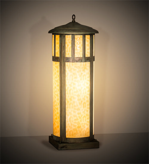 Meyda Lighting Double Bar Mission 15" 6-Light Verdigris Outdoor Pier Mount Light With Beige Art Shade Glass