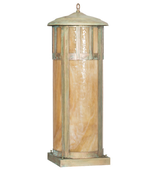 Meyda Lighting Double Bar Mission 15" 6-Light Verdigris Outdoor Pier Mount Light With Beige Art Shade Glass