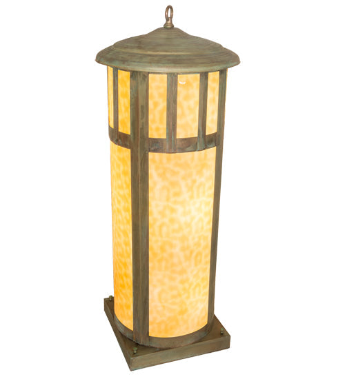 Meyda Lighting Double Bar Mission 15" 6-Light Verdigris Outdoor Pier Mount Light With Beige Art Shade Glass