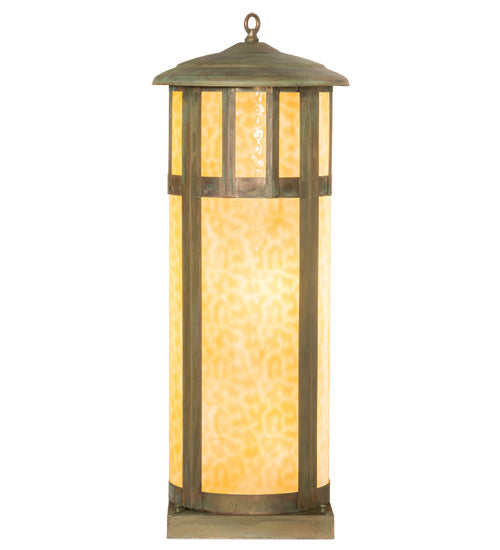 Meyda Lighting Double Bar Mission 15" 6-Light Verdigris Outdoor Pier Mount Light With Beige Art Shade Glass