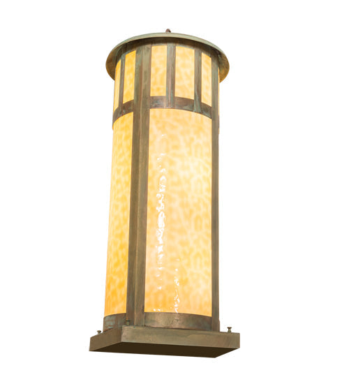 Meyda Lighting Double Bar Mission 15" 6-Light Verdigris Outdoor Pier Mount Light With Beige Art Shade Glass