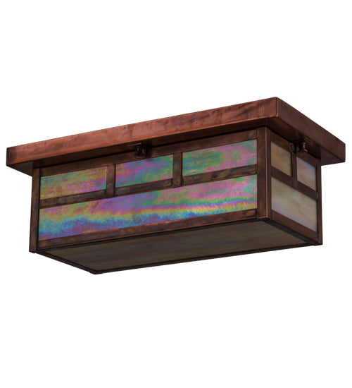 Meyda Lighting Double Bar Mission 16" 2-Light Vintage Copper Island Flush Mount Light With Beige Iridescent Shade Glass