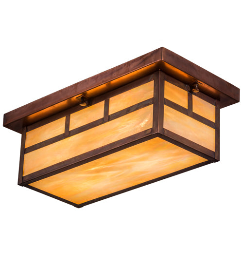Meyda Lighting Double Bar Mission 16" 2-Light Vintage Copper Island Flush Mount Light With Beige Iridescent Shade Glass