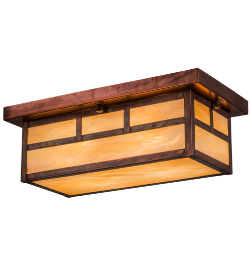 Meyda Lighting Double Bar Mission 16" 2-Light Vintage Copper Island Flush Mount Light With Beige Iridescent Shade Glass