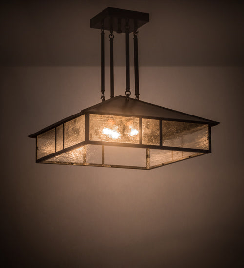 Meyda Lighting Double Bar Mission 34" 3-Light Craftsman Brown Pendant Light With Clear Seeded Shade Glass