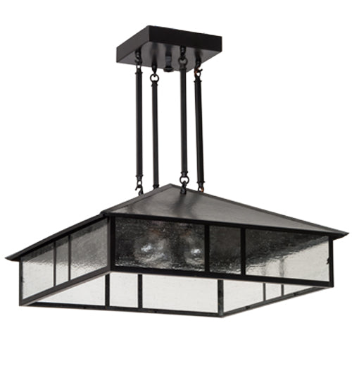 Meyda Lighting Double Bar Mission 34" 3-Light Craftsman Brown Pendant Light With Clear Seeded Shade Glass